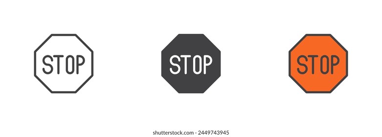 Road sign stop different style icon set. Line, glyph and filled outline colorful version, outline and filled vector sign. Stop symbol, logo illustration. Vector graphics