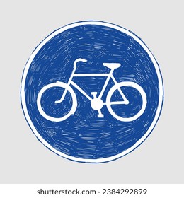 Road sign in Sweden, Track for cycles and mopeds, Freehand sketch of round blue sign with white border and picture of bicycle, Hand drawn