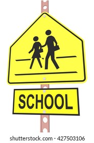 road sign and a sign with the text "SCHOOL"