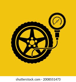 Road sign tire pressure gauge. Checking tire pressure. Gauge, manometer. Car safe concept. Wheel car with instrument measures pressure. Vector illustration flat design. Isolated on white background.