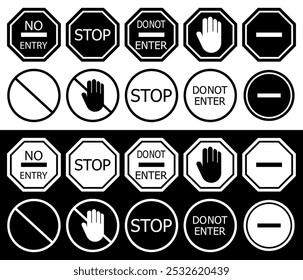 Sinal de estrada, sinal de parada ou sinal de proibição. Coleção de ícones de parada de tráfego. Não entre. Ilustração vetorial isolada no plano de fundo preto e branco.