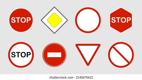 Straßenschild für den Verkehr mit Stopp-and-Warn-Symbole Illustration. Kreisverkehrsschilder in gelber und roter Kollektion. Vektorgrafik. Zeichensatz mit Symbolen und Leerzeichen für Straße und Autobahn isoliert.
