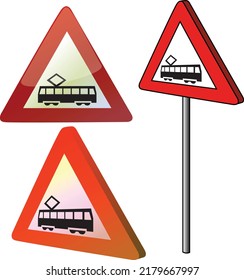 trenque de advertencia de tram de señalización de carretera triángulo rojo aislado