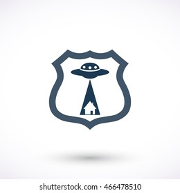 A road sign with UFO and home.