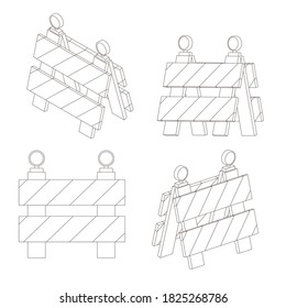 Road sign under construction. Fine lines style. Warning sign in isometry, 3D and perspective views. Linear isometric design. Set of barriers. Vector illustration.