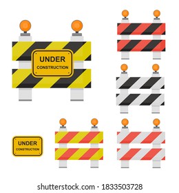 Road sign under construction. Warning sign in front views. Flat design in different colors. Set of barriers. Vector illustration.