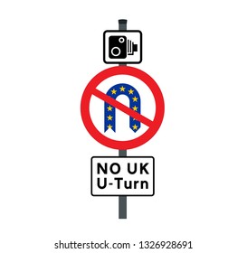 Road sign with U-turn and the colors of european union star flag adapted into the message that the UK will not make a U-turn on Brexit.