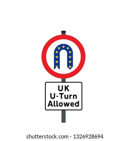 Road sign with U-turn and the colors of european union star flag adapted into the message that the UK is allowed to make a U-turn on Brexit.