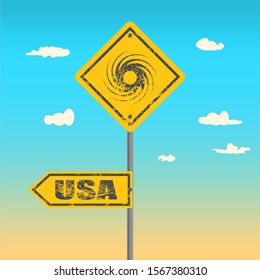 Road Sign Warning About Tornado. Twister Hurricane Countryside Wind Swirl. Road Arrows with USA Word. Weathered Effect
