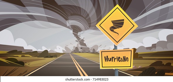 Road Sign Warning About Tornado, Twister Hurricane Countryside Wind Swirl Destroy Field Natural Disaster Concept Flat Vector Illustration
