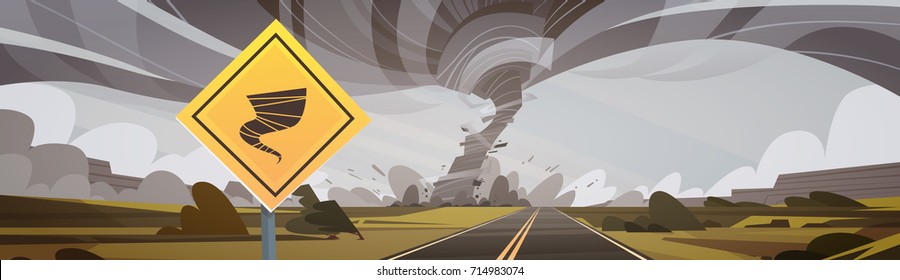 Road Sign Warning About Tornado, Twister Hurricane Countryside Wind Swirl Destroy Field Natural Disaster Concept Flat Vector Illustration