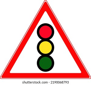 A road sign warning about traffic light regulation at an intersection. Warning for vehicle drivers. Vector image.