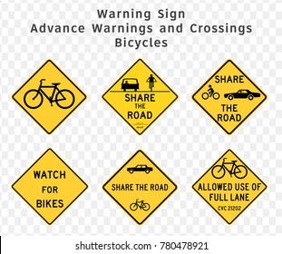 Road sign. Warning. Advance Warnings and Crossings. Bicycles.  Vector illustration on transparent background
