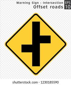 Road Sign. Warning. Intersections - Offset roads.  Vector Illustration on Transparent Background