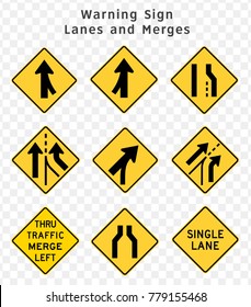 Road sign. Warning. Lanes and Merges.  Vector illustration on transparent background
