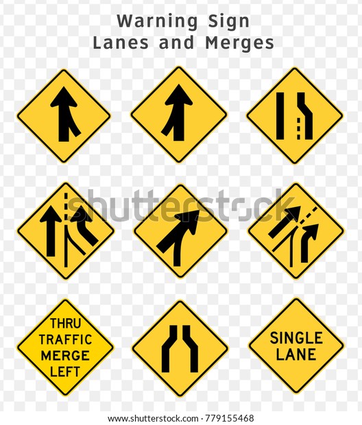 Road sign. Warning. Lanes and\
Merges.  Vector illustration on transparent\
background\
