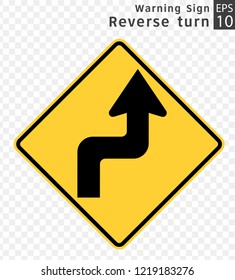 Road Sign. Warning. Reverse turn.  Vector Illustration on Transparent Background