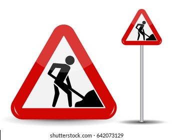 Road sign Warning: Road works. In the Red Triangle a man with shovel in his hands. Vector Illustration. EPS10