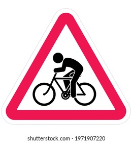 Road sign, watch out for cyclists, red triangle frame, vector icon