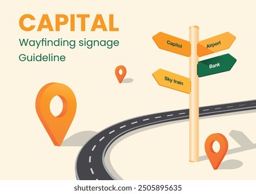 Road sign. Wayfinding signage Guideline to Capital City. Road Map Location. Locator position point. GPS.