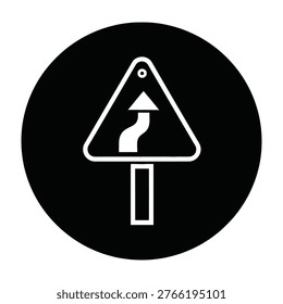 Road sign with white arrow on black circular background, indicating direction change ahead, isolated on white