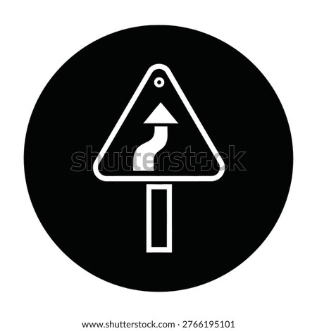 Road sign with white arrow on black circular background, indicating direction change ahead, isolated on white