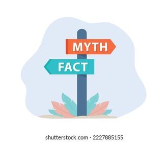 Road sign with words Myths vs Facts, true or false information, fake news or fictional, reality versus mythology knowledge.