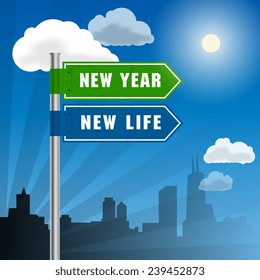 Road sign with words New Year, New Life, vector illustration