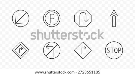 Road signage set icon. Circles, diamonds, arrows, parking, and stop visuals depict regulated directions, restricted turns, U-turns, and permitted vehicle control signs