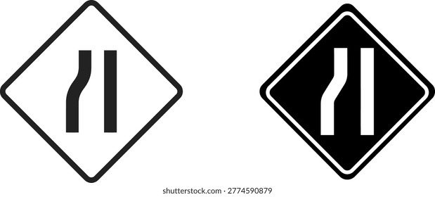 Road signage two versions of a road narrowing or lane reduction warning