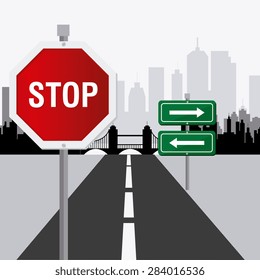 Road signals over cityscape background, vector illustration.