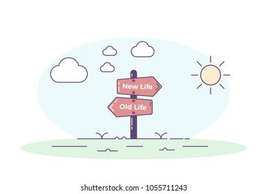 Road signpost pointing towards a new personal beggining. Old life and new life directions with clouds in one side and the sun in the other. Vector concept illustration
