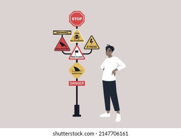 A road signpost with warning signs, relationships difficulties, alarming red flags