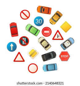 Señales de carreteras. y Tráfico automático. Especificar y limitar. Vista superior desde arriba. Caricatura de estilo divertido. Diseño plano. Aislado sobre fondo blanco. vector de ilustración.