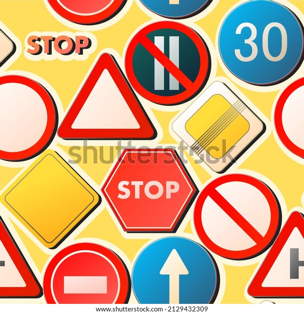 Road signs background. Auto traffic seamless\
pattern. Specify and limit. Top view from above. Cartoon funny\
style. Flat design. illustration\
vector.