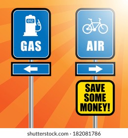 Road signs with bicycle, gas station symbol and text Gas and Air, vector illustration