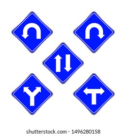 road signs blue set, traffic road sign blue isolated on white, signpost caution for direction, road sign and white arrow pointing