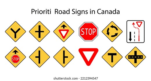 Road signs in Canada. Canadian Priority signs. Warning road signs. Vector illustration. Stock picture. svg