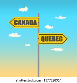 Road signs with Canada and Quebec text pointing in opposite directions. Image relative to politic situation