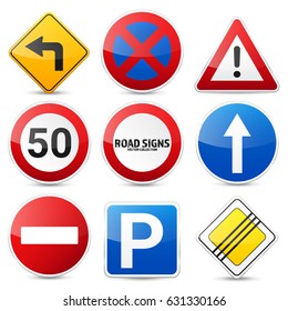 Road signs collection isolated on white background. Road traffic control.Lane usage.Stop and yield. Regulatory signs.