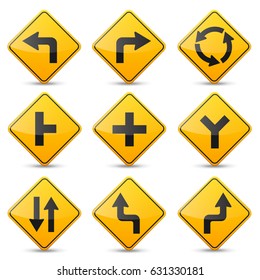 Road signs collection isolated on white background. Road traffic control.Lane usage.Stop and yield. Regulatory signs. Curves and turns.