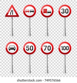 Road signs collection isolated on transparent background. Road traffic control.Lane usage.Stop and yield. Regulatory signs.Speed limit.