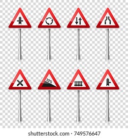 Road signs collection isolated on transparent background. Road traffic control.Lane usage.Stop and yield. Regulatory signs.