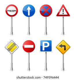 Road signs collection isolated on white background. Road traffic control.Lane usage.Stop and yield. Regulatory signs.