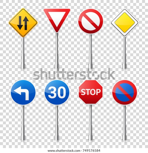 Road
signs collection isolated on transparent background. Road traffic
control.Lane usage.Stop and yield. Regulatory
signs.