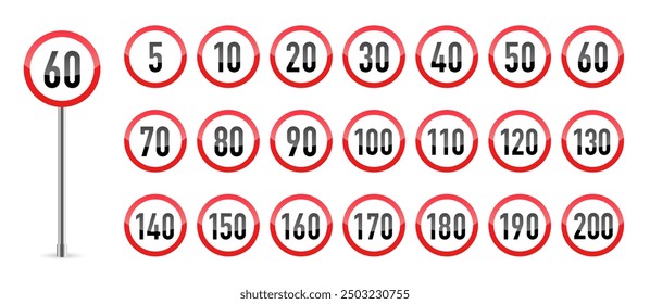 Road signs collection. Traffic control sign. Speed limit road sign set. Vector illustration