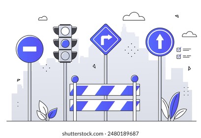 Concepto de señales de tráfico. Autopista con caminos. Información para los conductores. Transporte y viajes. Calle y carretera con Leyes de Tránsito. Ilustración vectorial plana lineal aislada sobre fondo blanco