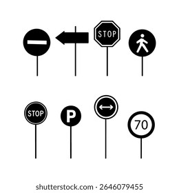 Road signs, crosswalk, speed limit, no passing. Vector set of black and white icons in minimalistic flat style