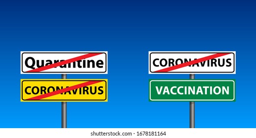 Road signs - "End of quarantine" and "Coronavirus Vaccination". COVID-19 danger and public health risk disease outbreak. Pandemic.