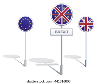 Road signs with flags of EU, Great Britain and their assembly.
Illustration is devoted to Great Britain membership in EU.
